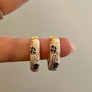 New Beautiful White, Gold & Black Cloisonné Hoop Earrings